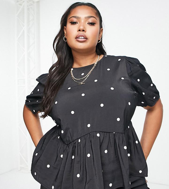 Pieces Curve Puff Sleeve Top In Black Polka Dot - Part Of A Set