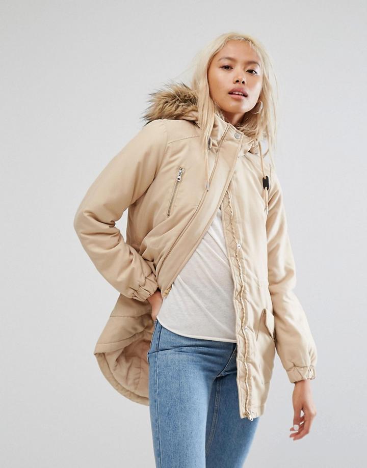 Noisy May Parka With Faux Fur Hood - Green