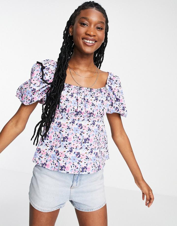 Miss Selfridge Milkmaid Puff Sleeve Blouse In Purple Floral