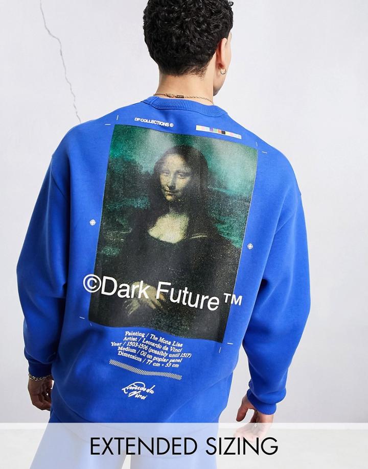 Asos Dark Future X Mona Lisa Oversized Sweatshirt With Back Graphic And Logos In Blue - Part Of A Set