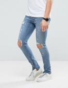 New Look Super Skinny Jeans With Rips And Side Zips In Spray Acid Wash - Blue
