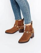 Eeight Odell Western Embellished Suede Heeled Ankle Boots - Brown