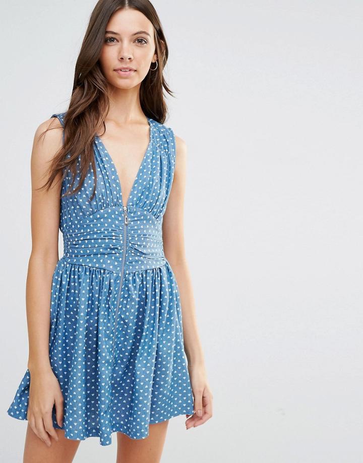 Jasmine Denim Skater Dress With Zip Front - Blue