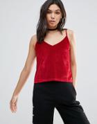 Twiin Embers Cowl Back Mesh And Velvet Cami Top - Red