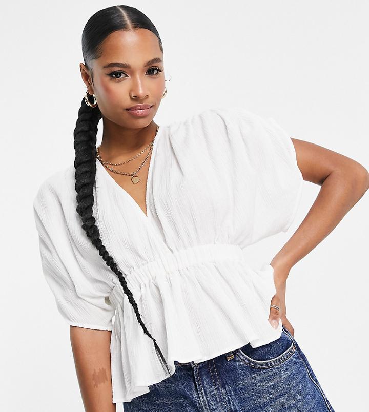 Asos Design Petite Textured Plunge Front Top With Elastic Waist Detail In White-purple