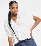 Asos Design Petite Textured Plunge Front Top With Elastic Waist Detail In White-purple