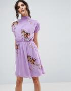Asos Premium Open Back Tea Dress With Tiger Embroidery - Purple