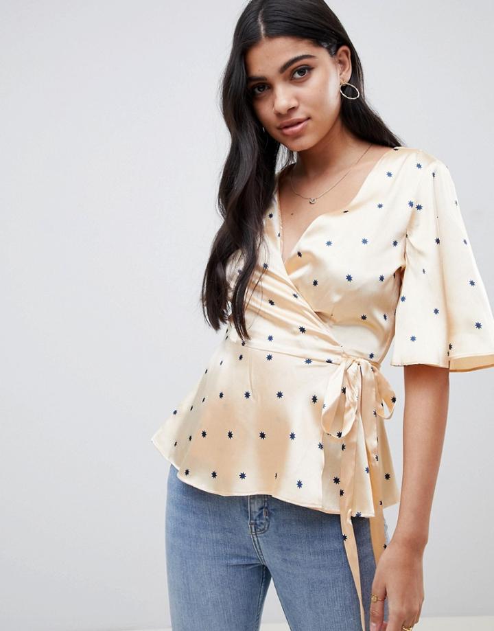 Asos Design Satin Wrap Top In Star Print - Multi