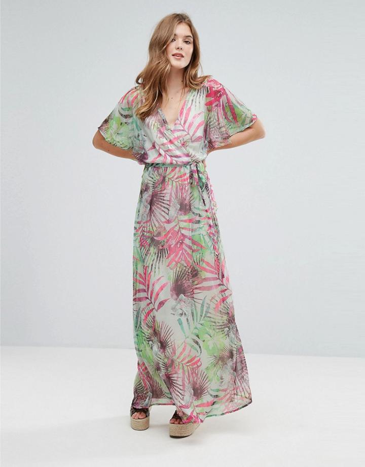 Lavand Kimono Sleeve Maxi Dress In Palm Print - Green