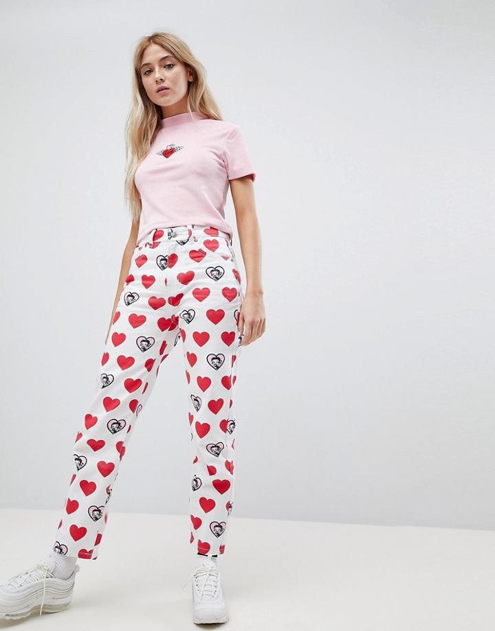 Lazy Oaf X Betty Boop Jeans In Heart Print - White