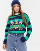 Brave Soul Bouquet Stripe Sweater With Embroidery - Green