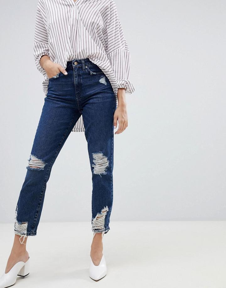 Only High Waisted Destroyed Mom Jean - Blue