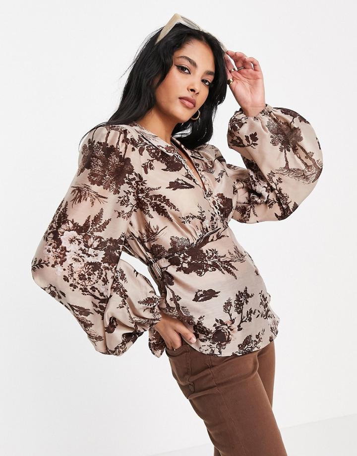 Asos Design Button Loop Plunge Shirt With Open Back In Tonal Floral Print-multi