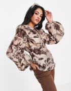 Asos Design Button Loop Plunge Shirt With Open Back In Tonal Floral Print-multi