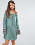 Lunik Off Shoulder Printed Dress With Frill Sleeves - Green