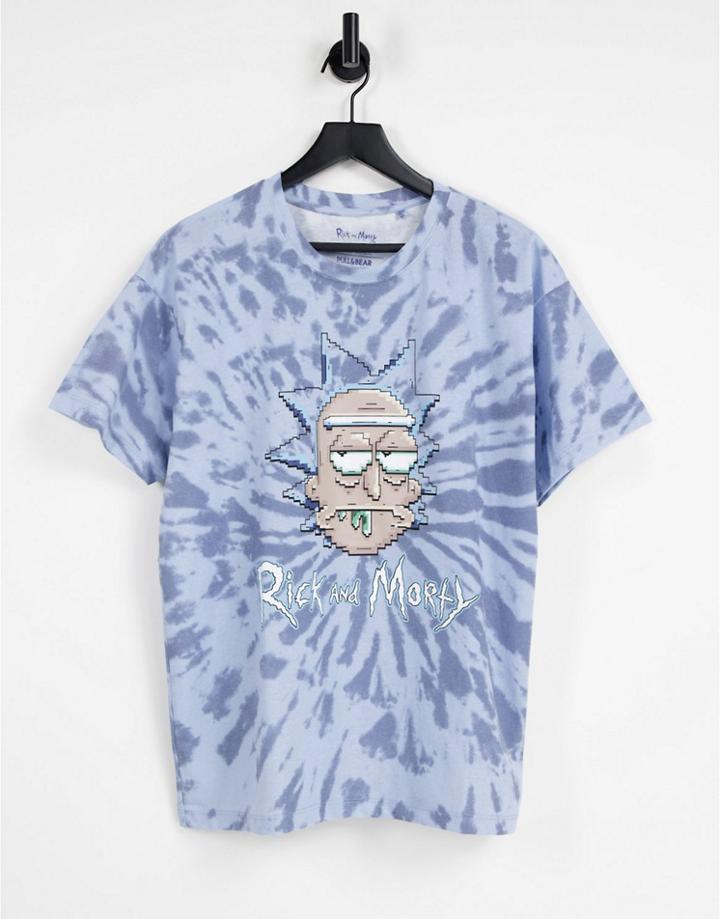 Pull & Bear Rick And Morty T-shirt In Light Blue Tie Dye-grey