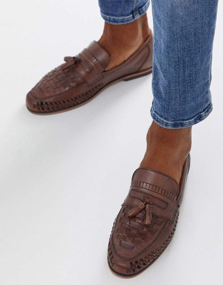 Asos Design Loafers In Woven Tan Leather With Tassel Detail-brown