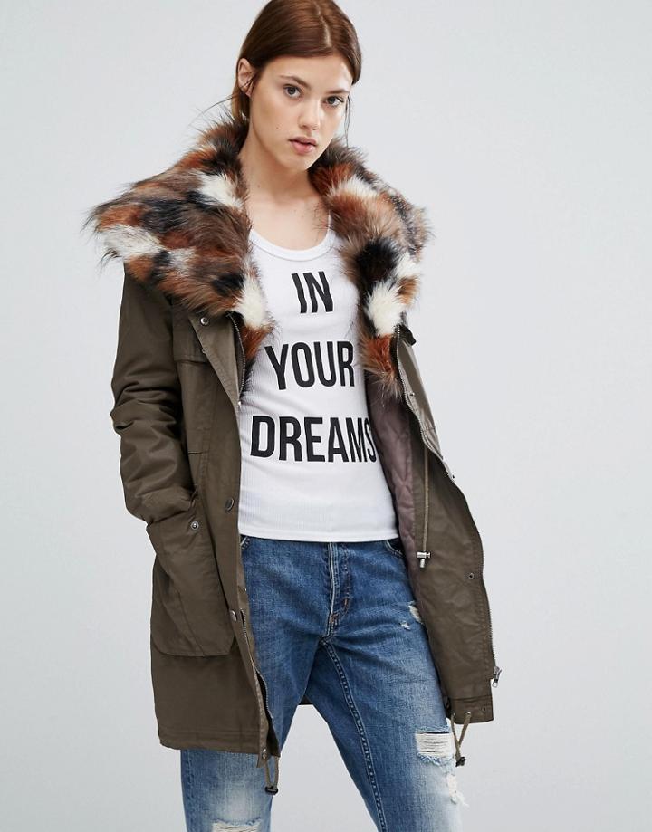 Urbancode Parka With Patchwork Faux Fur Hood - Green