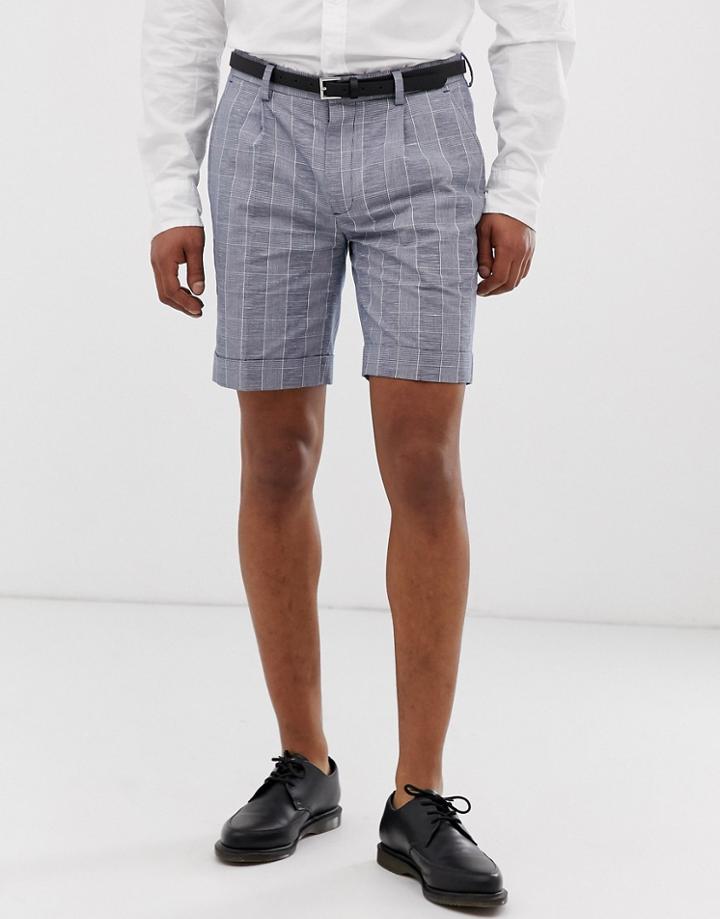 Moss London Skinny Suit Shorts In Blue Check - Blue