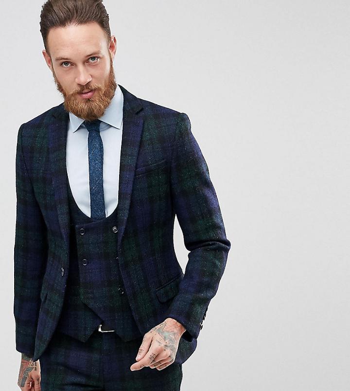 Noose & Monkey Harris Tweed Super Skinny Suit Jacket In Plaid - Navy