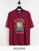 Reclaimed Vintage Inspired Unisex Oversized T-shirt With Crest Logo Embroidery In Burgundy