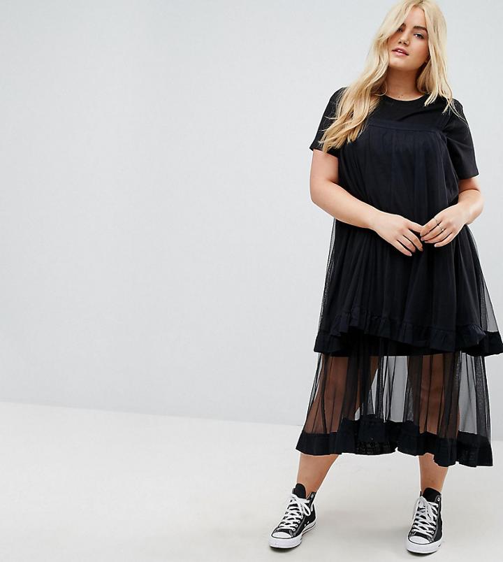 Asos Curve T-shirt Dress With Mesh Overlay - Black