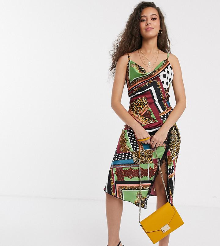 Outrageous Fortune Petite Cowl Front Satin Midaxi Dress In Scarf Print-multi