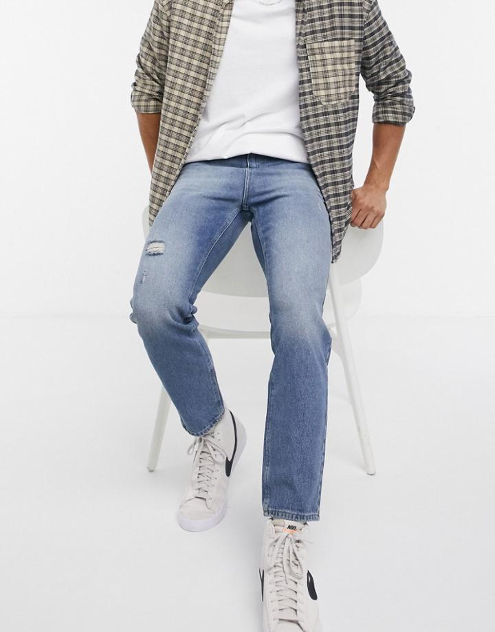 Asos Design High Rise Regular Jeans In Mid Blue 90's Wash With Abrasions