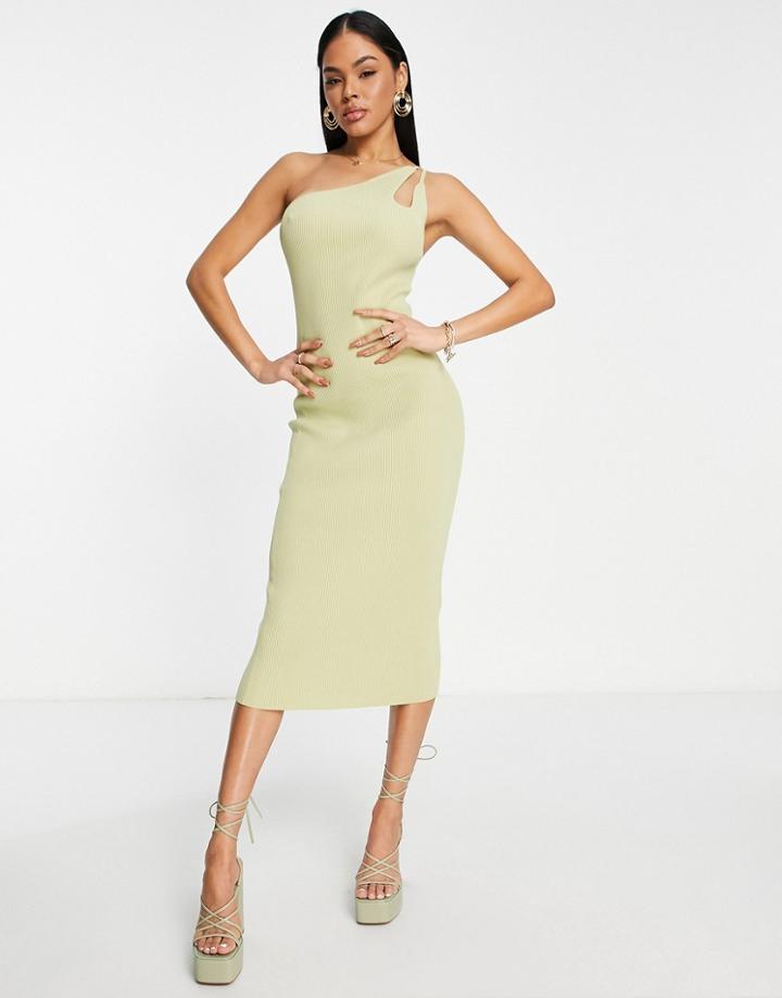 Asos Design Knitted Midi Dress With Asymmetric Straps In Khaki-green