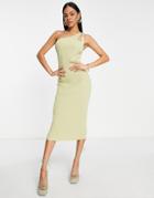 Asos Design Knitted Midi Dress With Asymmetric Straps In Khaki-green