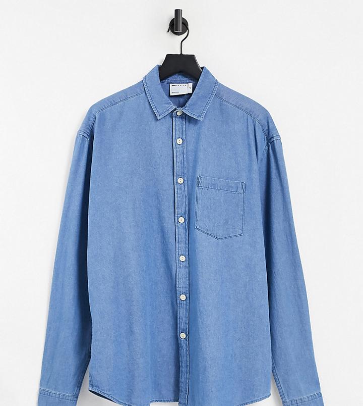 Asos Design Tall 90s Oversized Organic Denim Shirt In Mid Wash-blues