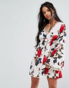 Sisters Of The Tribe Festival Swing Dress With Flared Sleeves And Tie Back In Floral - White