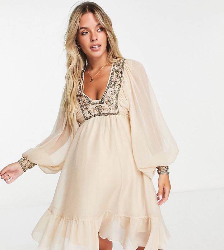 Asos Design Maternity Blouson Sleeve Mini Dress With Floral Embellished Bodice Detail In Stone-white