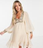 Asos Design Maternity Blouson Sleeve Mini Dress With Floral Embellished Bodice Detail In Stone-white