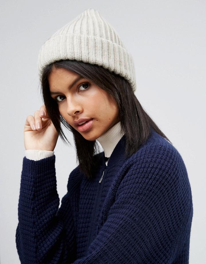 Pieces Fisherman Knit Beanie In White - Gray