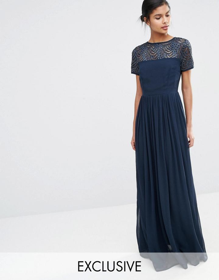 Maya Pleated Maxi Dress With Pearl Embellishment - Navy