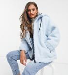 Asos Design Petite Oversized Sherpa Hero Bomber Jacket In Baby Blue-blues