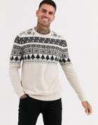Asos Design Lambswool Fairisle Sweater In Oatmeal
