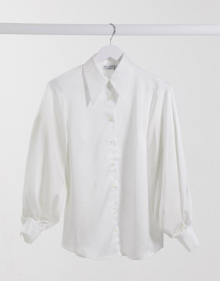 Asos Design Relaxed Satin Shirt With Volume Sleeves And Cuff Detail In Ivory-white