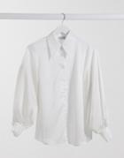 Asos Design Relaxed Satin Shirt With Volume Sleeves And Cuff Detail In Ivory-white
