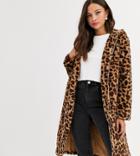 Daisy Street Longline Coat With Zip Front And Hood In Leopard Print Faux Fur-brown