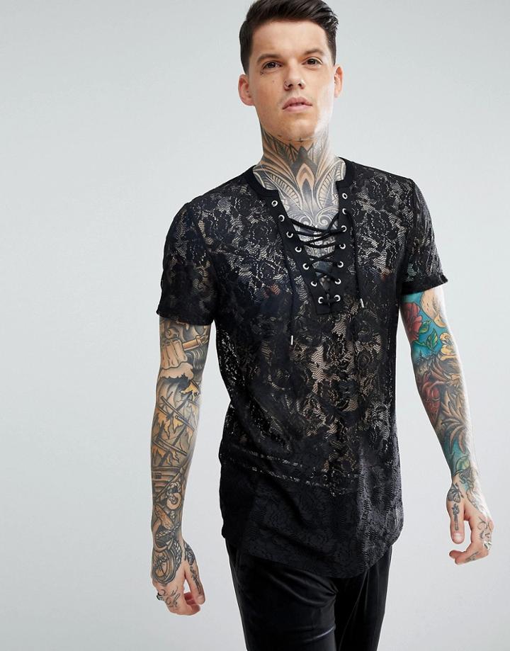 Asos Longline T-shirt With Curved Hem And Deep V Neck In Lace - Black
