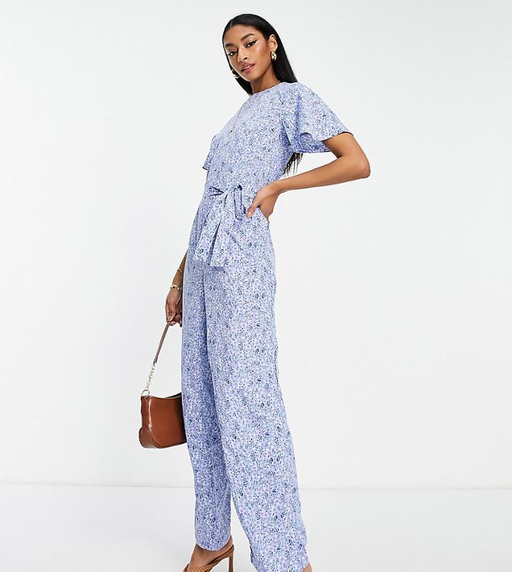 Vero Moda Tall Tie Waist Wide Leg Jumpsuit In Blue Floral