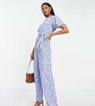 Vero Moda Tall Tie Waist Wide Leg Jumpsuit In Blue Floral