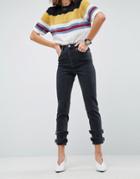 Asos Farleigh High Waist Slim Mom Jeans In Washed Black With Buckle Hem Detail - Black