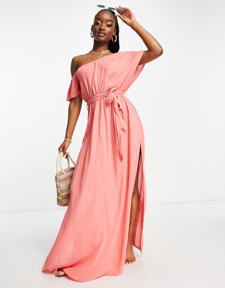 Asos Design Off Shoulder Tie Waist Maxi Beach Dress In Rusty Coral-orange