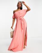 Asos Design Off Shoulder Tie Waist Maxi Beach Dress In Rusty Coral-orange