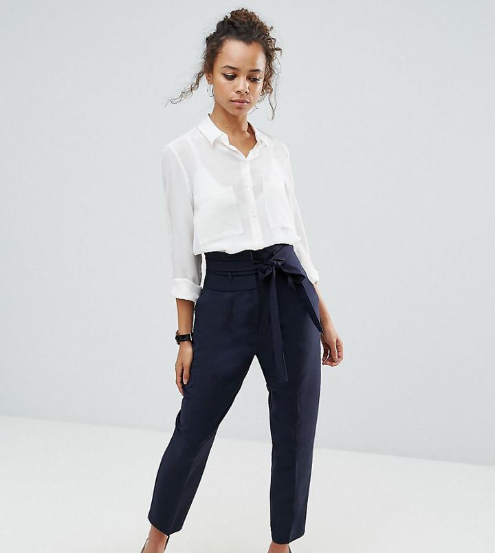 Asos Petite Tailored High Waist Pants With Tie Waist - Blue