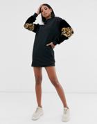 Asos Design Sweat Dress With Leopard Print Sleeve Detail-multi