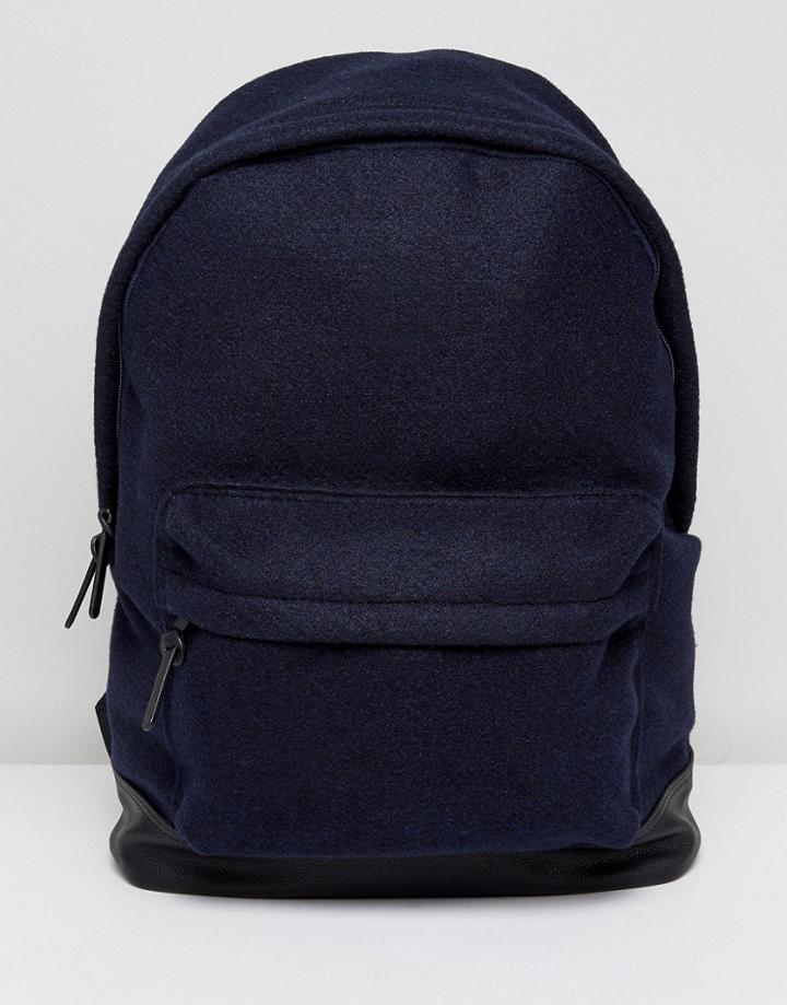 Asos Backpack In Navy Melton With Faux Leather Base - Navy